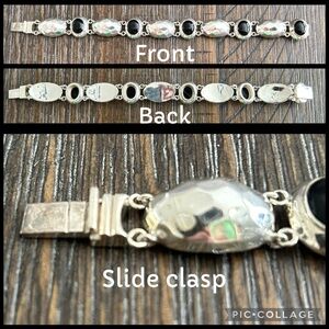 Vintage Thailand Sterling Silver & Onyx Cabochon Hammered Bracelet